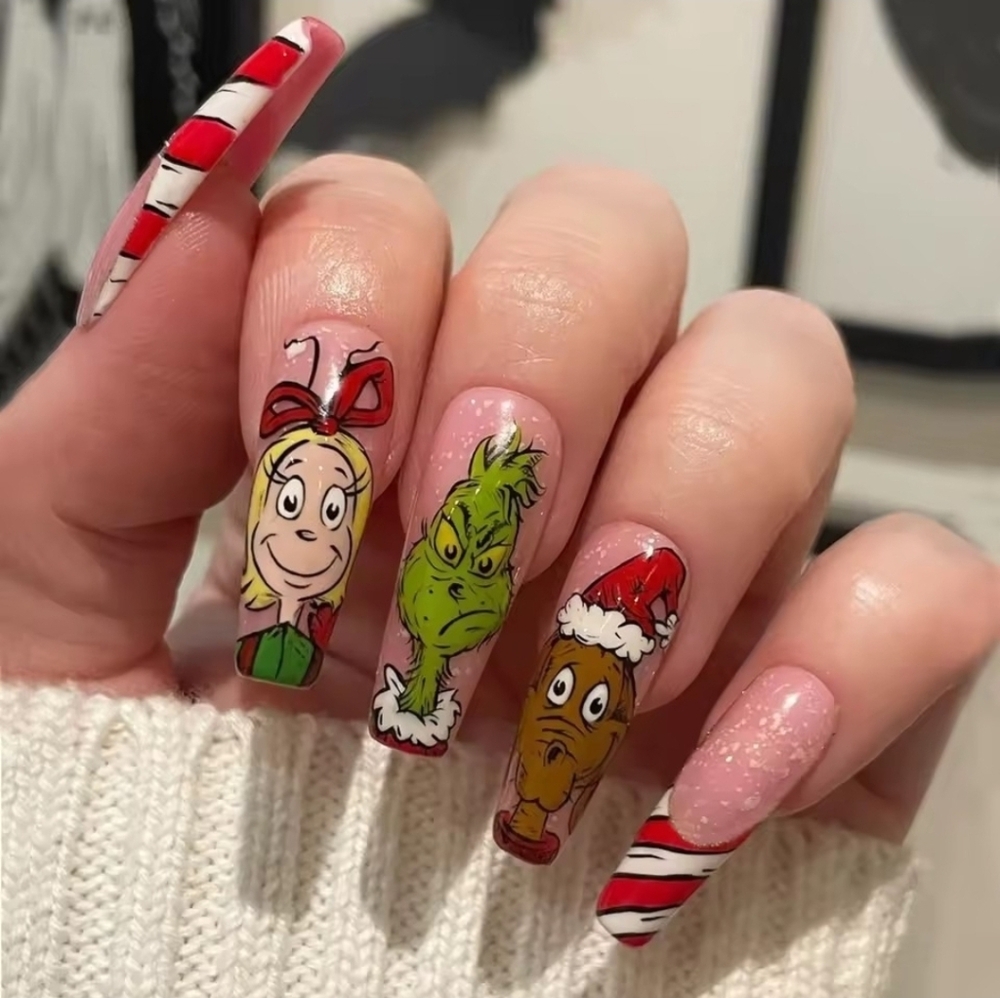24 Pcs The Grinch Press On Nails with Red and Green Accents